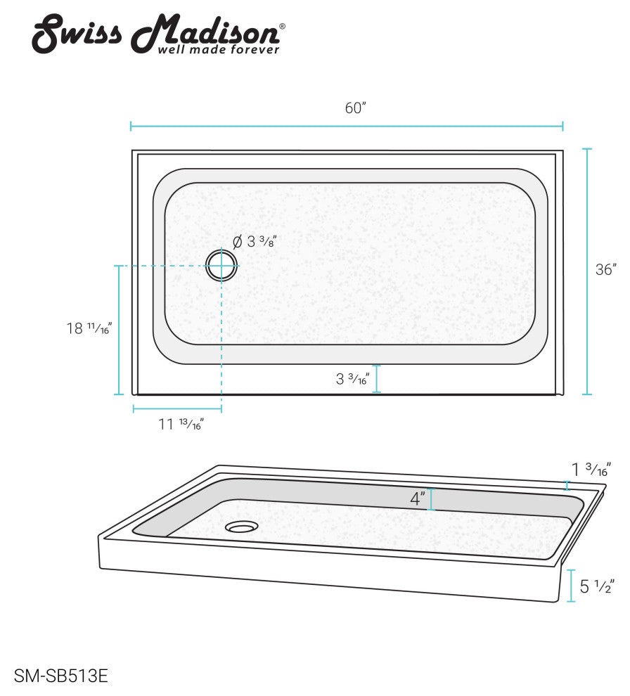 Voltaire 48"x36" Single-Threshold, Center Drain, Shower Base, Gray