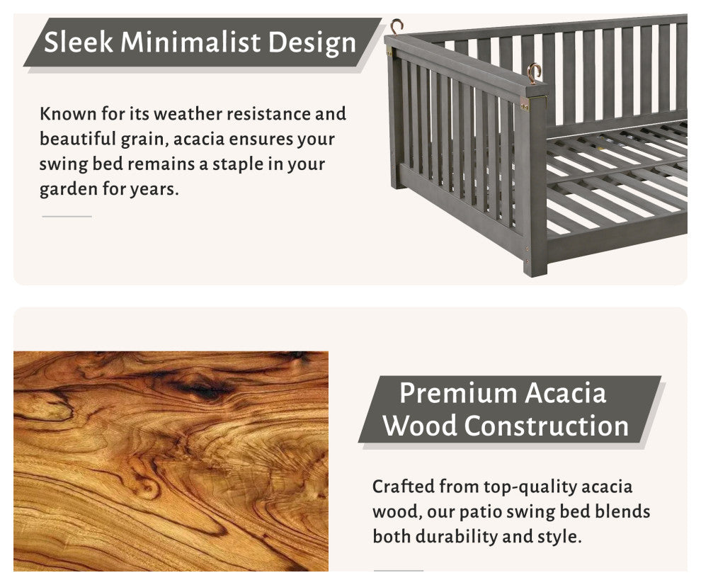 GDF Studio Acacia Wood Twin Size Garden Porch Swing Bed, Gray