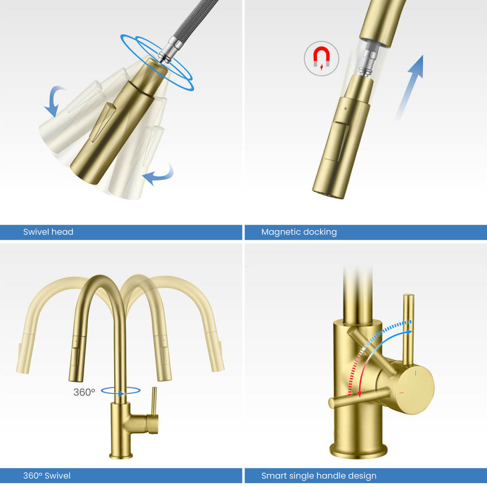 Circular Single Handle Pull Down Kitchen Faucet, Brushed Gold