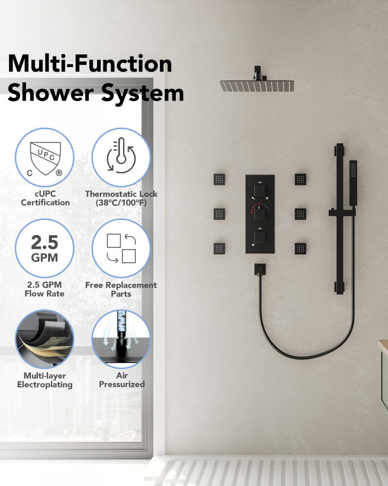 Thermostatic Shower Faucet 12" Rain Shower Head with Handheld Slide Bar System, Matte Black