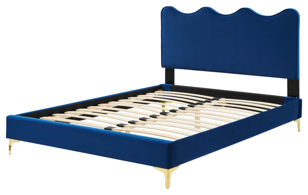Platform Bed Frame, King Size, Blue Navy, Velvet, Modern, Bedroom Guest Suite