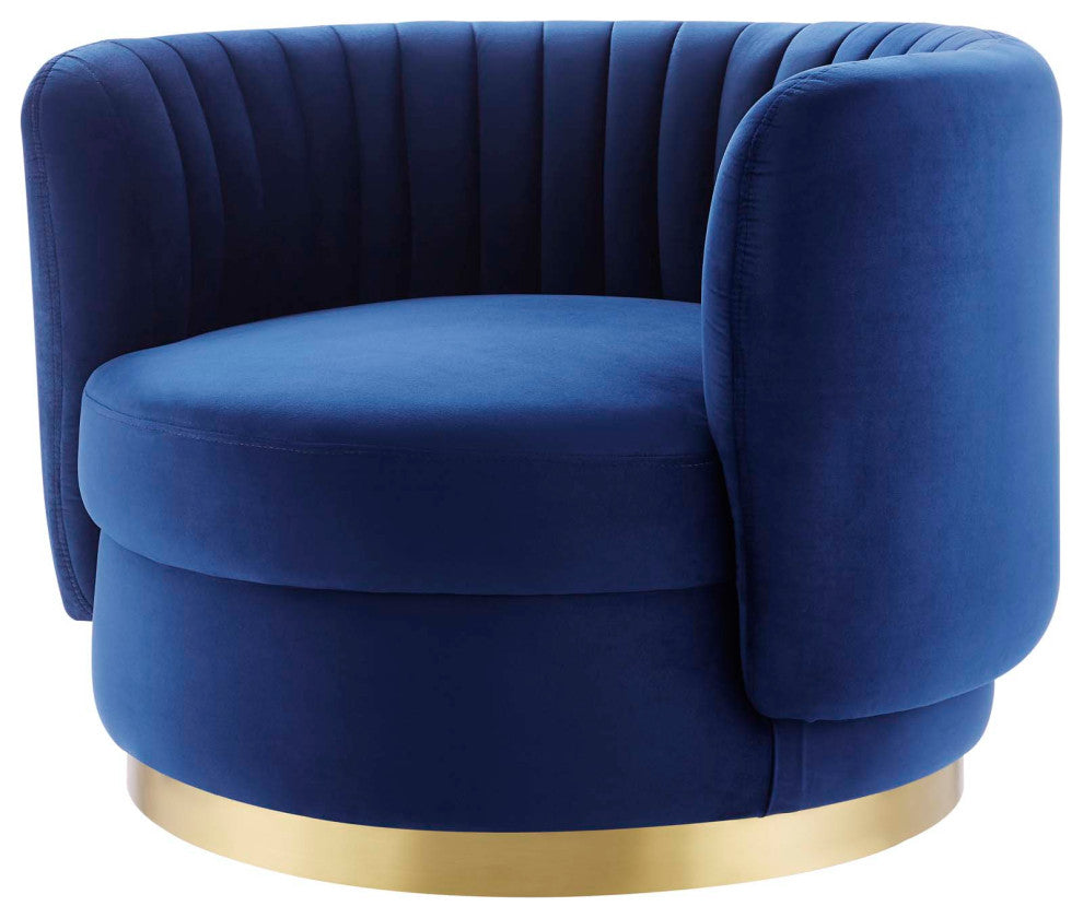 Armchair Swivel Accent Tufted Chair, Navy Gold, Velvet, Modern, Hospitality