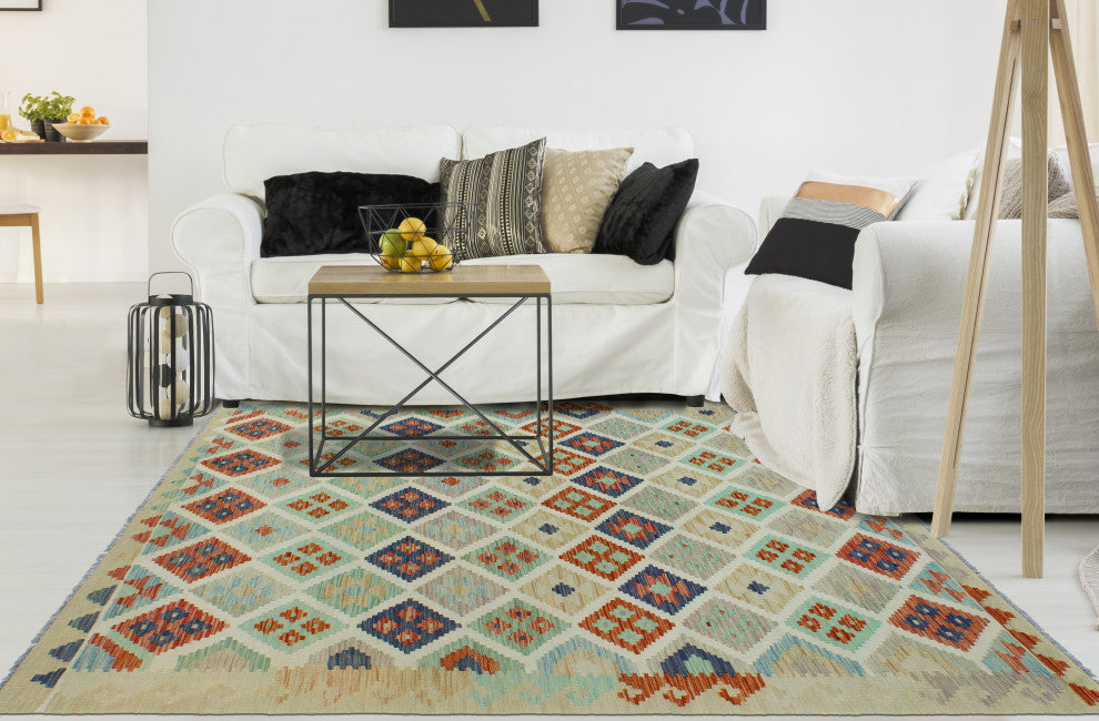 Sun Faded Flatweave Nye Beige/Navy Rug, 5'8x8'0