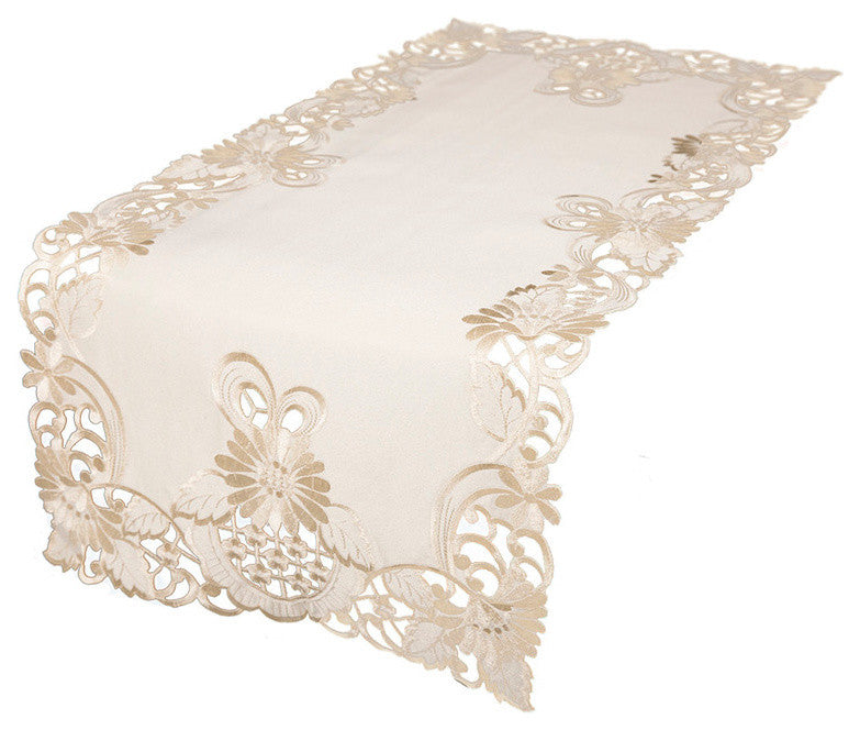 Delicate Daisy Embroidered Cutwork Table Runner, Ivory, 15"x34"