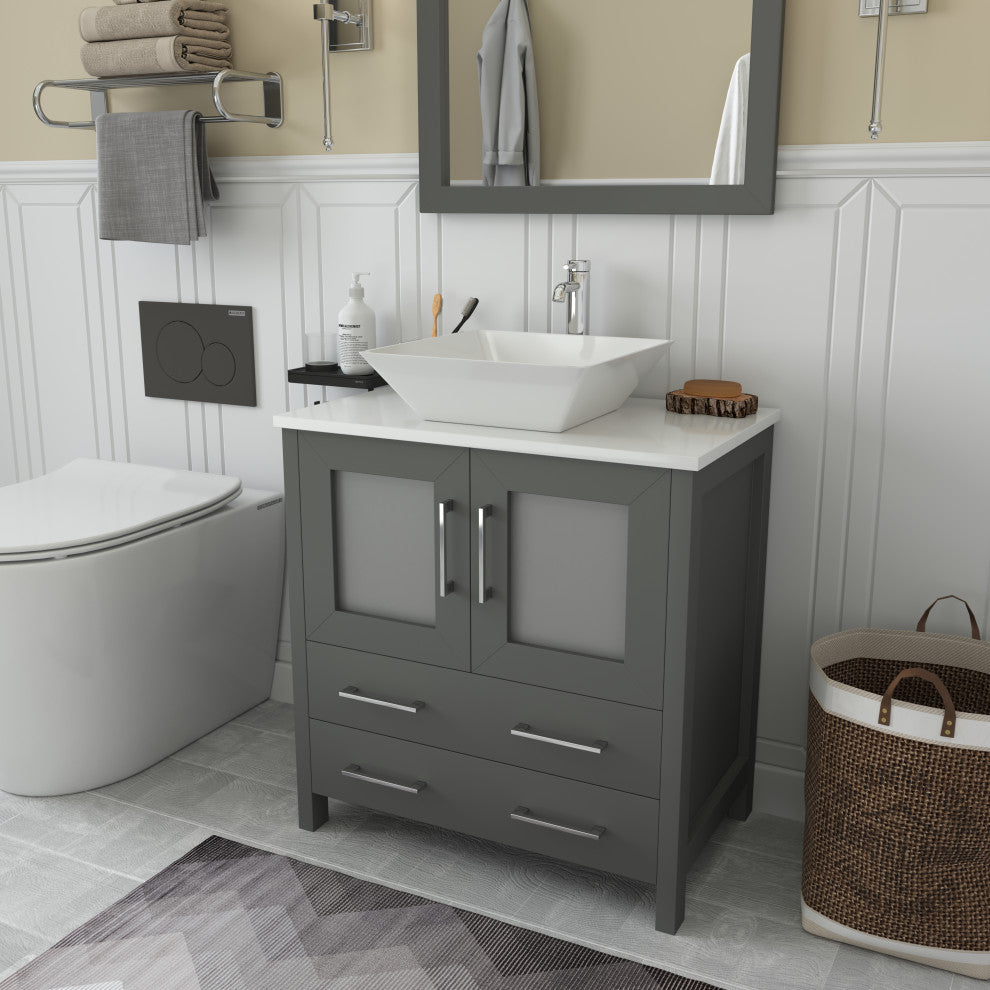 Vanity Art Vanity Set With Vessel Sink, Gray, 30", Led Sensor-Switch Mirror