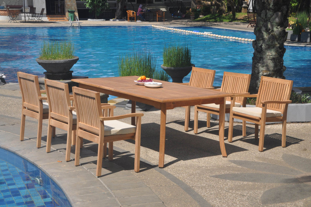7-Piece Outdoor Teak Dining Set: 117" Rectangle Table, 6 Leveb Stacking Chairs