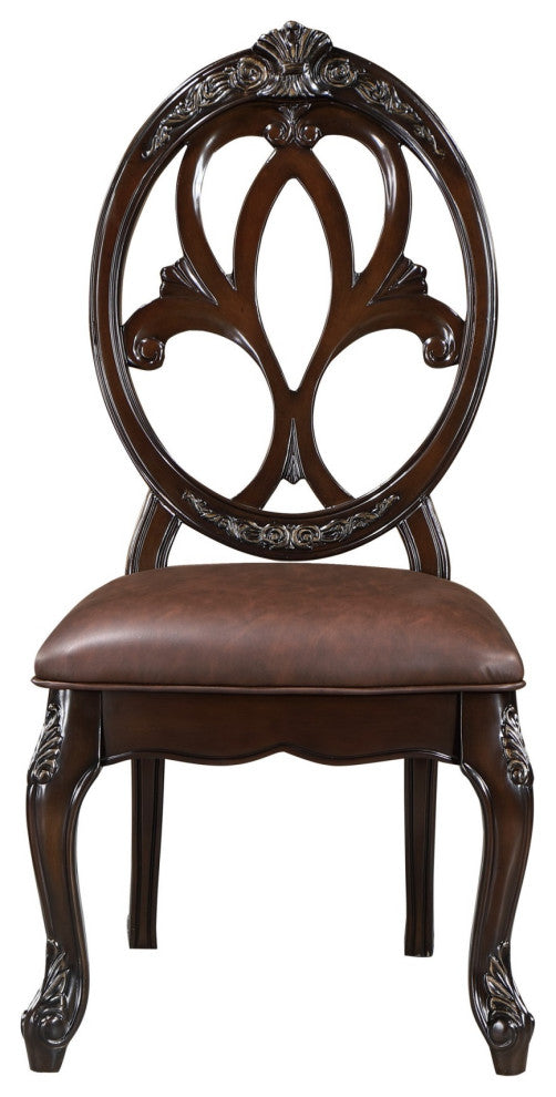 Cran 21" Dining Side Chair, Carved Details, Faux Leather Seat, Brown