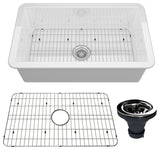 32in Undermount Single Bowl Fireclay Kitchen Sink with Grid and Drainer, Glossy White