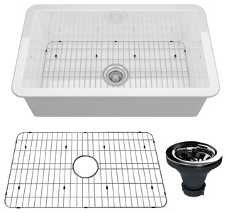 32in Undermount Single Bowl Fireclay Kitchen Sink with Grid and Drainer, Glossy White