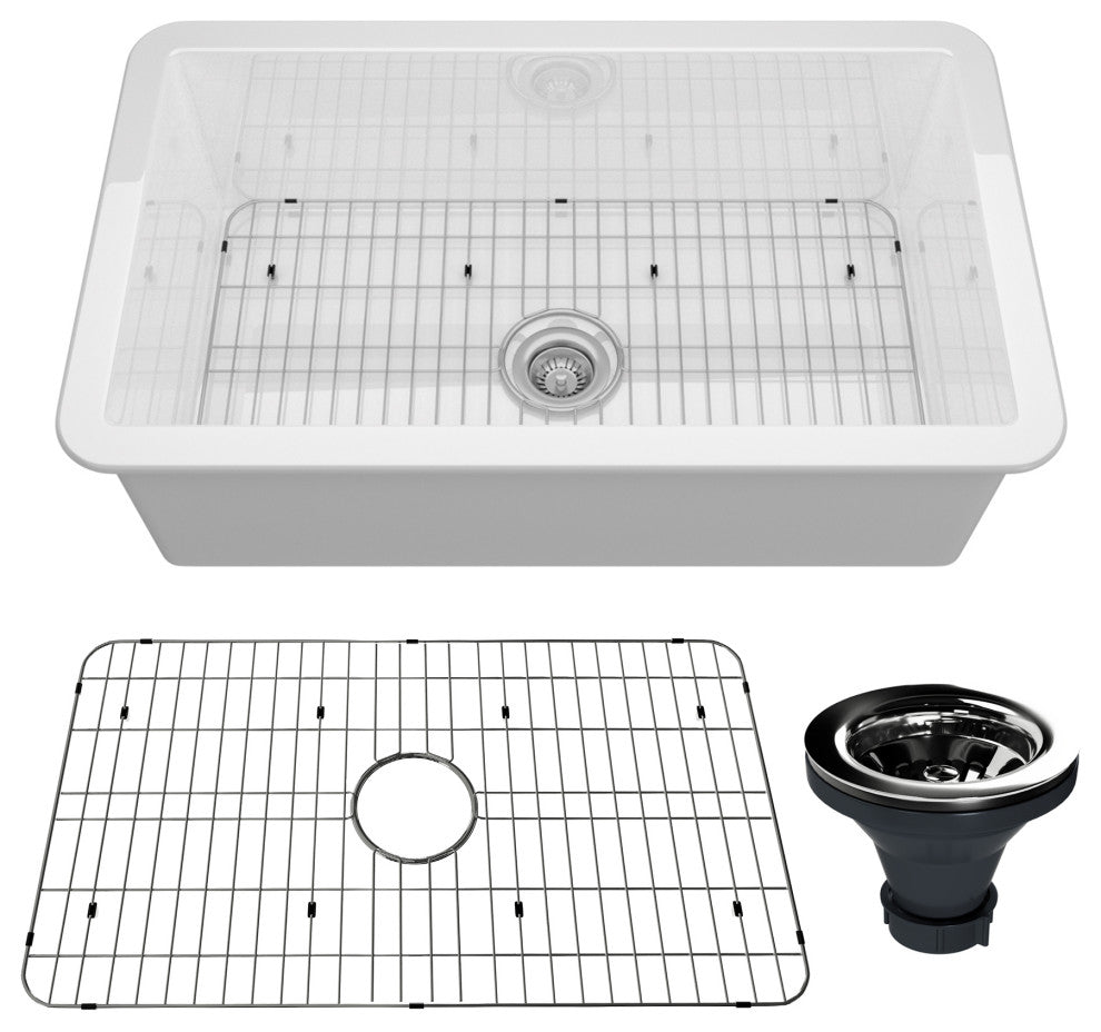 32in Undermount Single Bowl Fireclay Kitchen Sink with Grid and Drainer, Glossy White