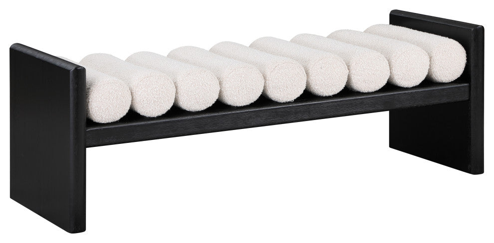 Waverly Boucle Fabric Upholstered Bench, Cream, 52" Wide, Black Finish