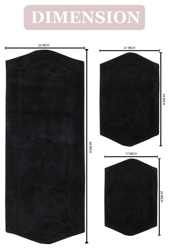 Waterford Collection Tufted Bath Rug, 3-Piece Set With Runner, Black