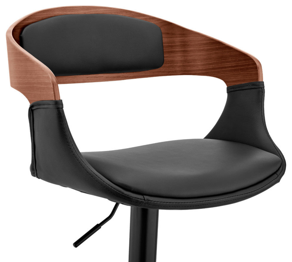 Benson Adjustable Faux Leather and Wood Bar Stool With Metal Base, Black and Wal