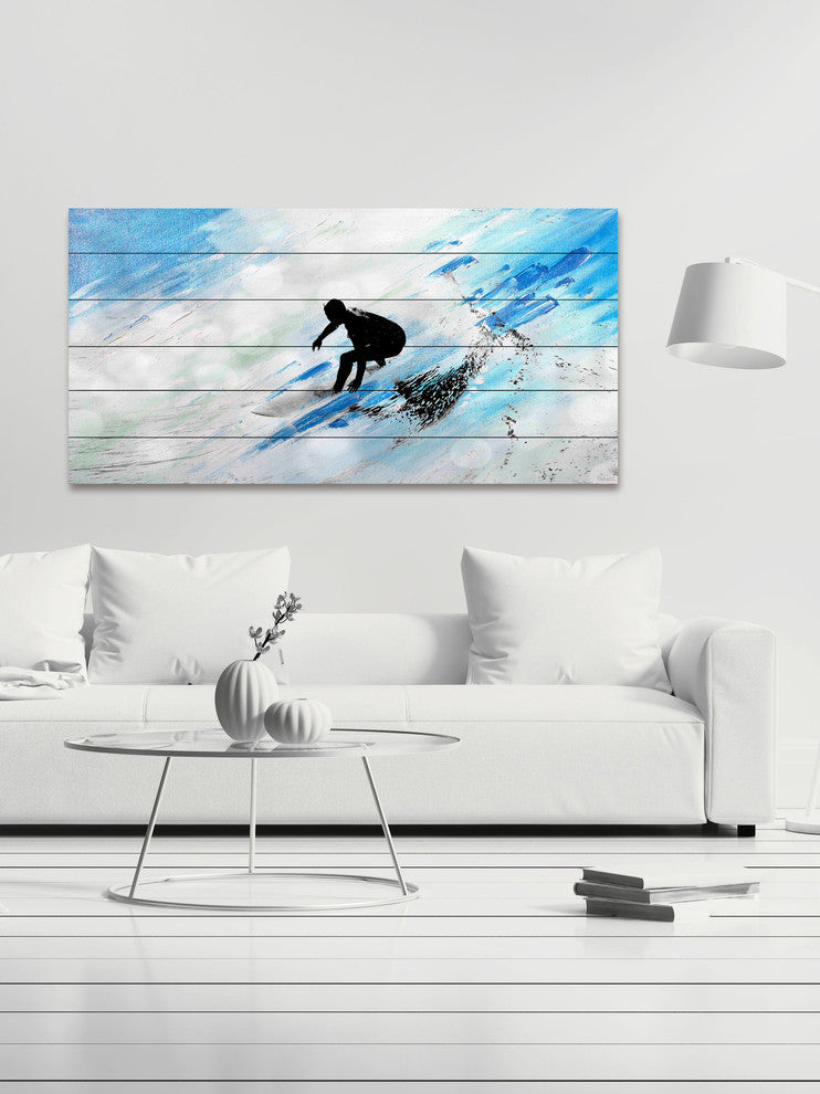 "White Surf Riding" Painting Print on White Wood, 40"x20"
