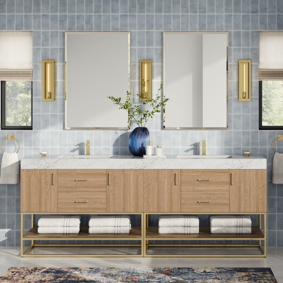 Bahia Bath Vanity, Oak, 84", Brushed Gold Hardware, Double, Freestanding