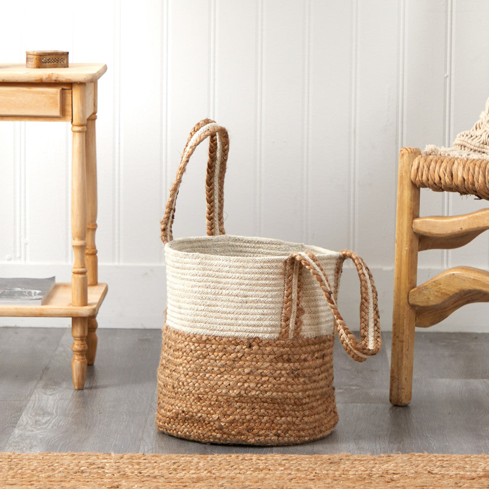 Nearly Natural 0359-S1 14 Boho Chic Basket Natural Cotton and Jute With Handles