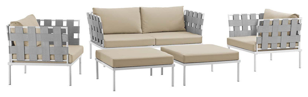 Modway Harmony 5 Piece Outdoor Patio Aluminum Sectional Sofa Set, White Beige