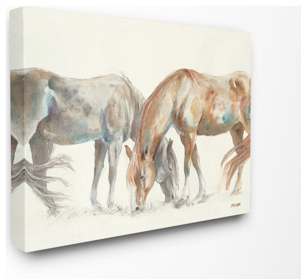 Horse Couple Gray Brown Watercolor Painting, 24"x30", Canvas Art