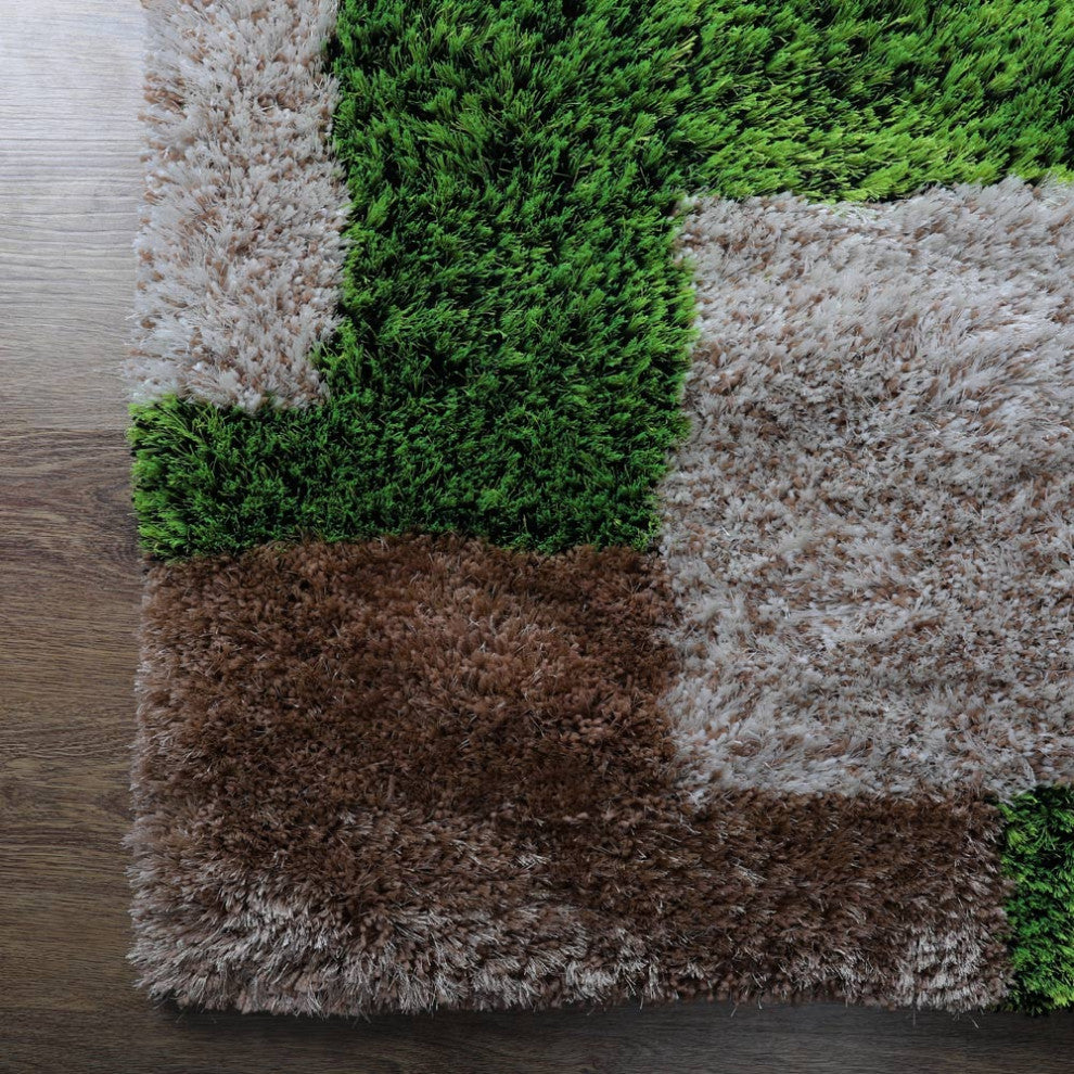 Hand Tufted Shag Polyester Area Rug Geometric Green Beige, [Square] 6'x6'
