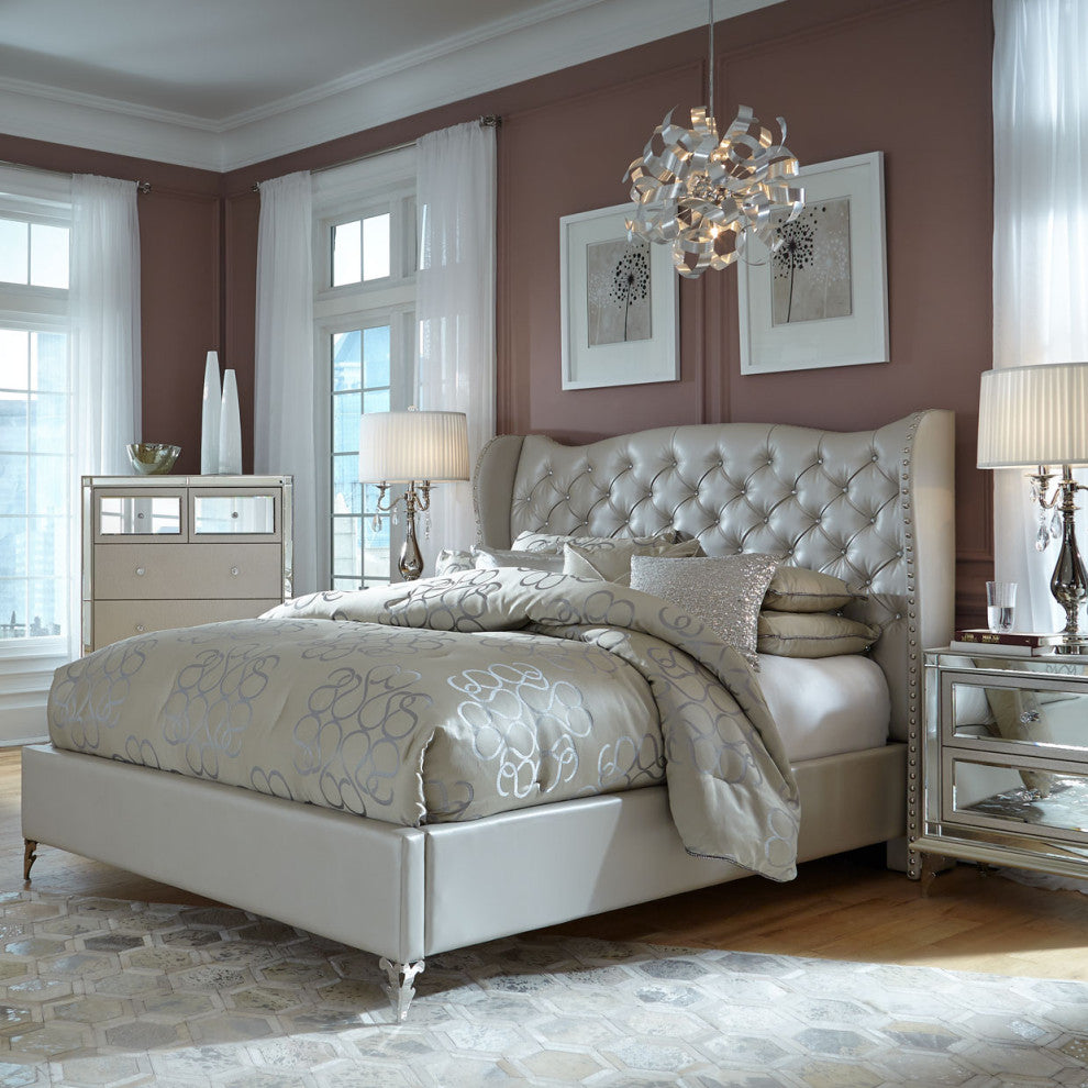 AICO Michael Amini Hollywood Loft Queen Upholstered Platform Bed Frost