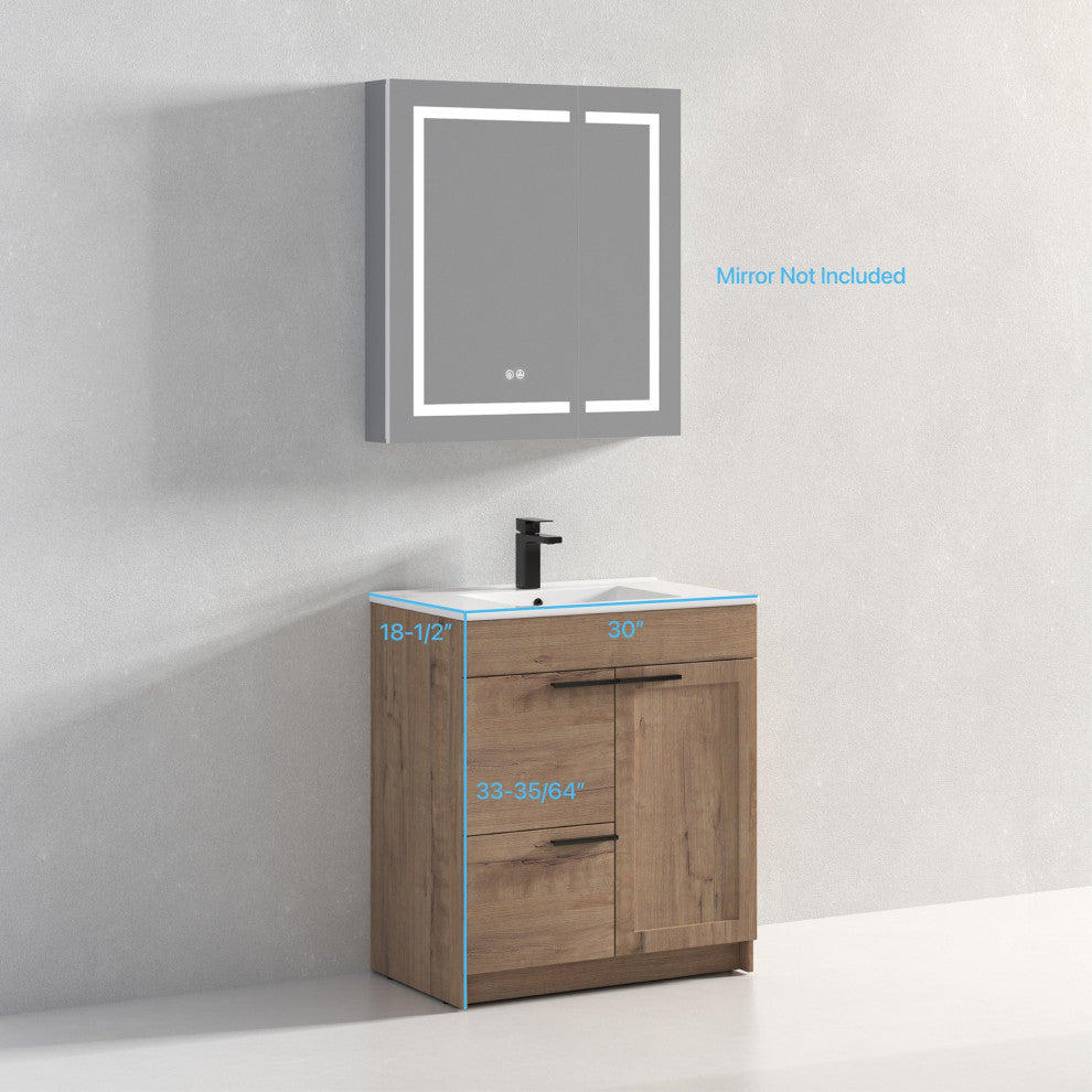 Freestanding Bathroom Vanity With Top Mount Sink, Classic Oak, 30'' Ceramic Sink