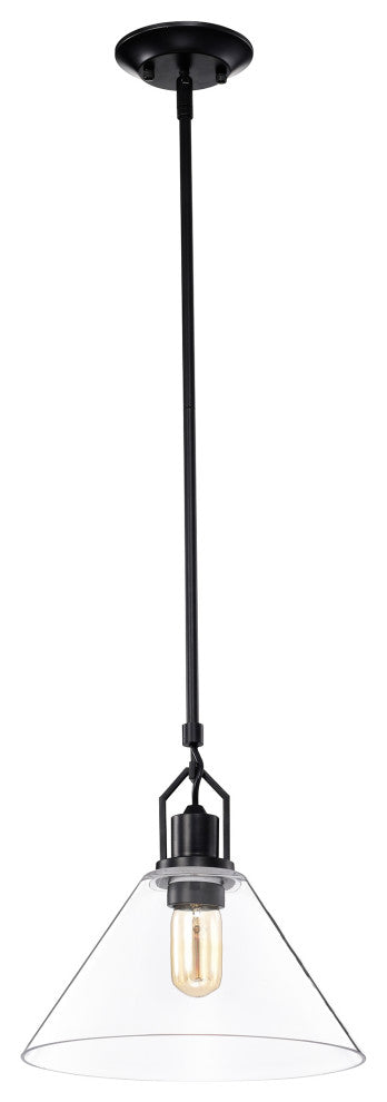 1-Light Matte Black 12 in. Pendant With Clear Cone Glass Shade