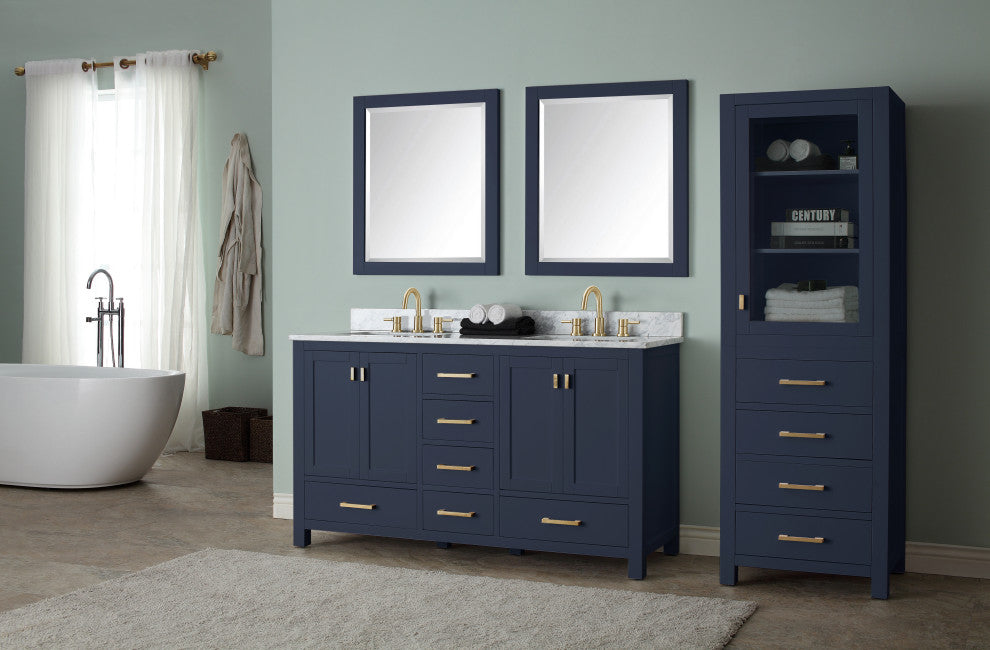 Avanity Modero Bath Vanity in Navy Blue, 61", Single Sink, Carrara White Marble