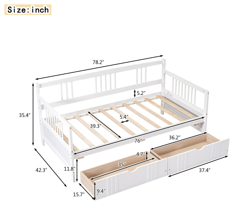 Gewnee Solid Wood Twin Size Daybed with Two Drawers in White