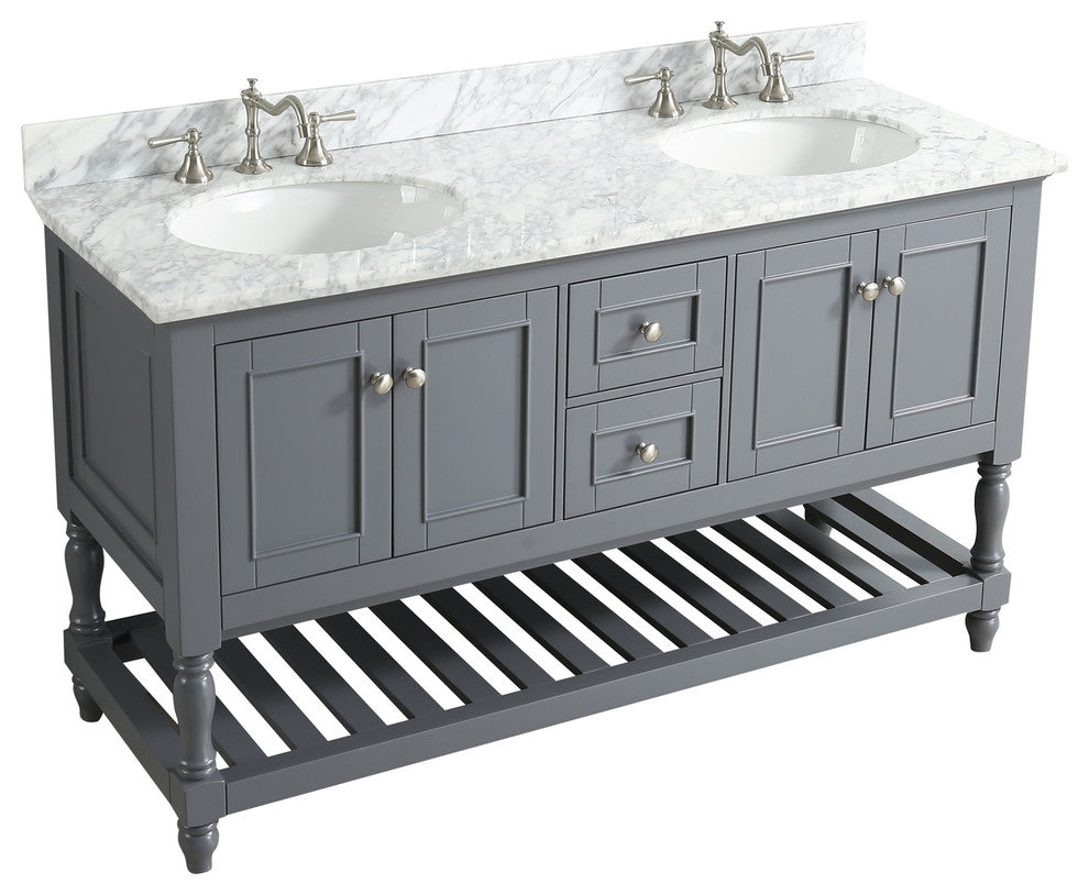 Silvia Bathroom Sink Vanity Set, White Marble Top, Base: Charcoal, 60"