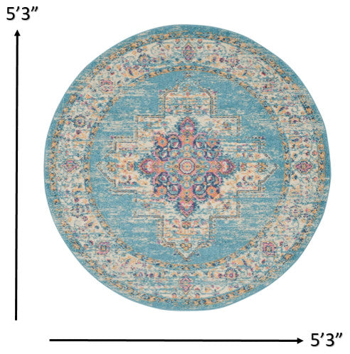 5' Light Blue Round Southwestern Power Loom Area Rug