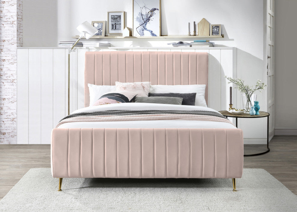 Zara Channel Tufted Velvet Upholstered Bed With Custom Gold Legs, Pink, Full