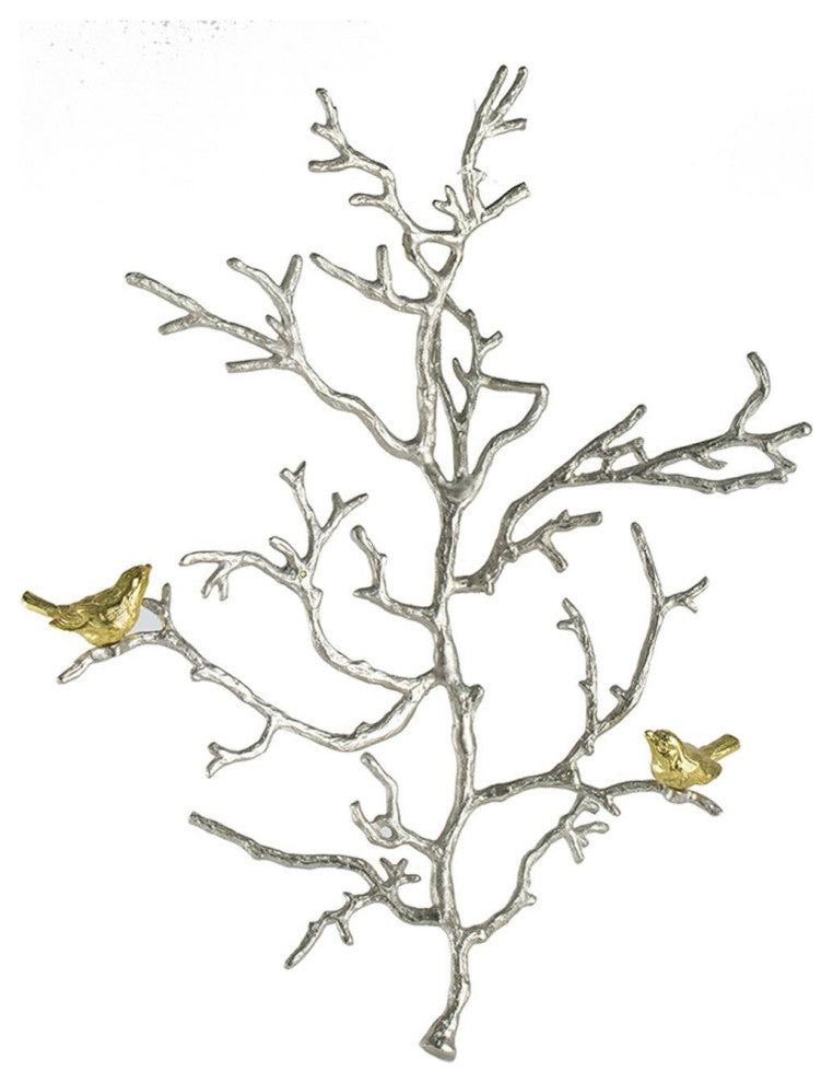 Modern 22" Silver Branch and Golden Birds Wall Art
