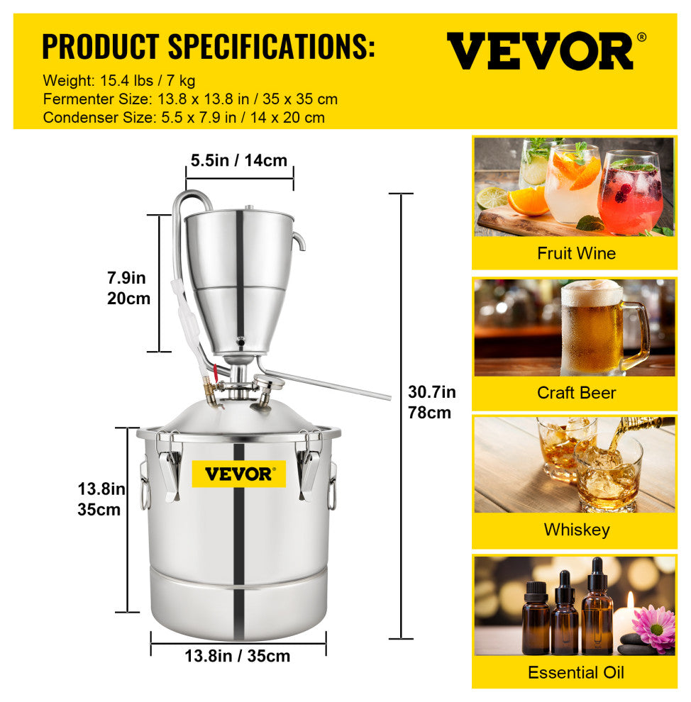 Water Alcohol Distiller 8 Gal/30 L Stainless Steel Still Home Distillery Kit