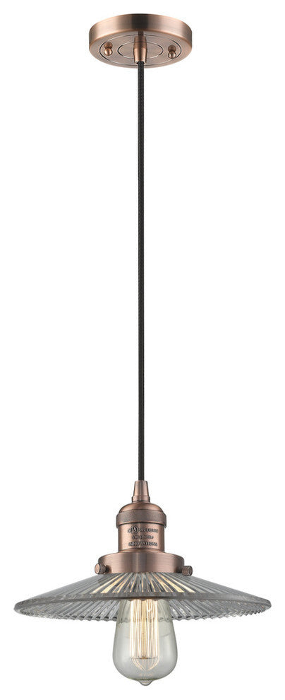 1-Light Dimmable LED Halophane 10" Mini Pendant, Antique Copper