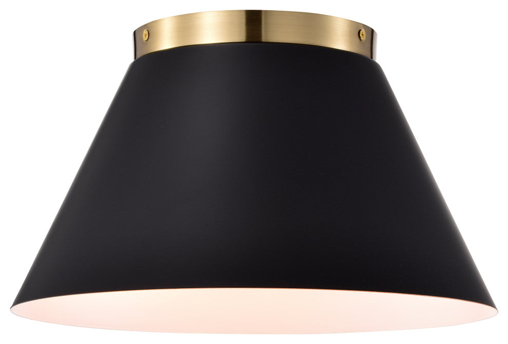 Dover 2-Light Small Flush Mount Fixture, Black With Vintage Brass
