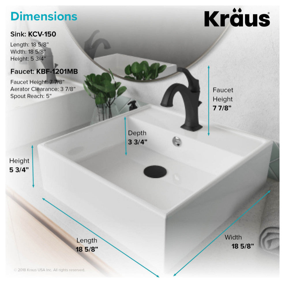 Elavo Square Ceramic Vessel Sink, Bathroom Arlo Faucet, Drain, Matte Black