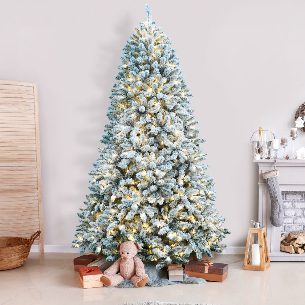 9-Ft. Flocked Winter Snow Pine Christmas Tree, Warm White LED Lighting