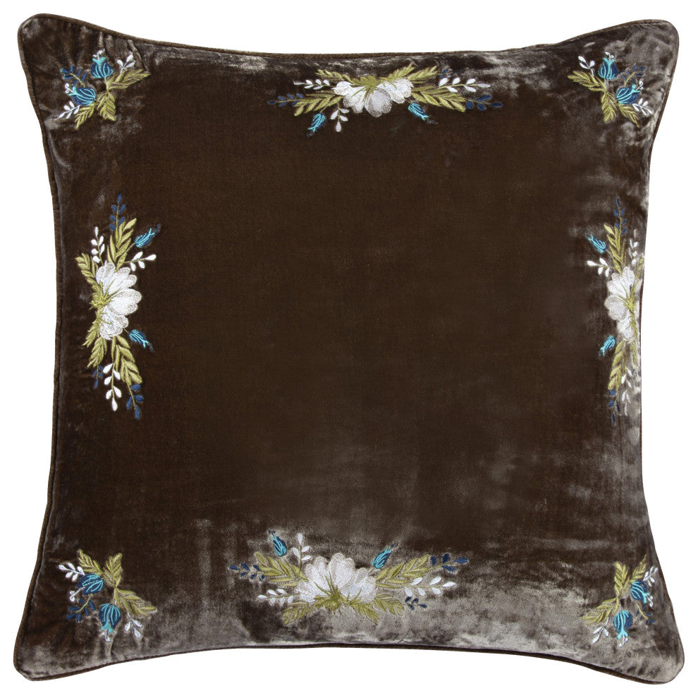 Stella Floral Embroidered Faux Silk Velvet Pillow, 22"x22", Green Ochre