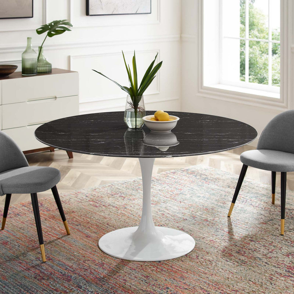 54" Dining Table, Round, Black White, Artificial Marble, Metal, Modern
