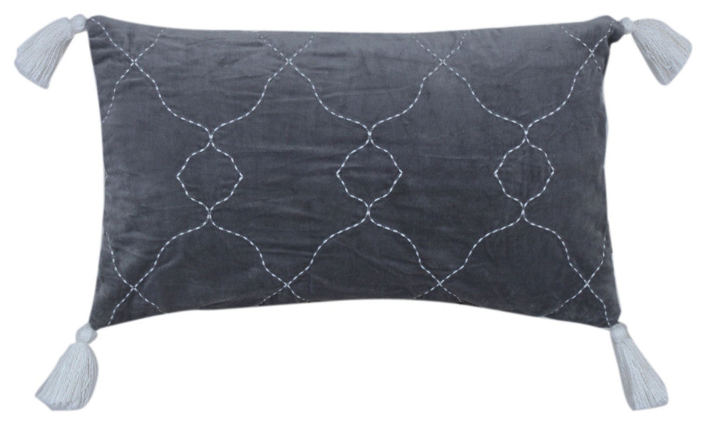 Grey Machine Woven with Tassels Morgan Throw Pillow, 16" x 26"