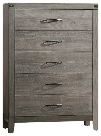 Benzara BM181923 Roomy 5 Drawer Wooden Chest With Metal Handles, Weathered Gray