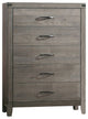 Benzara BM181923 Roomy 5 Drawer Wooden Chest With Metal Handles, Weathered Gray