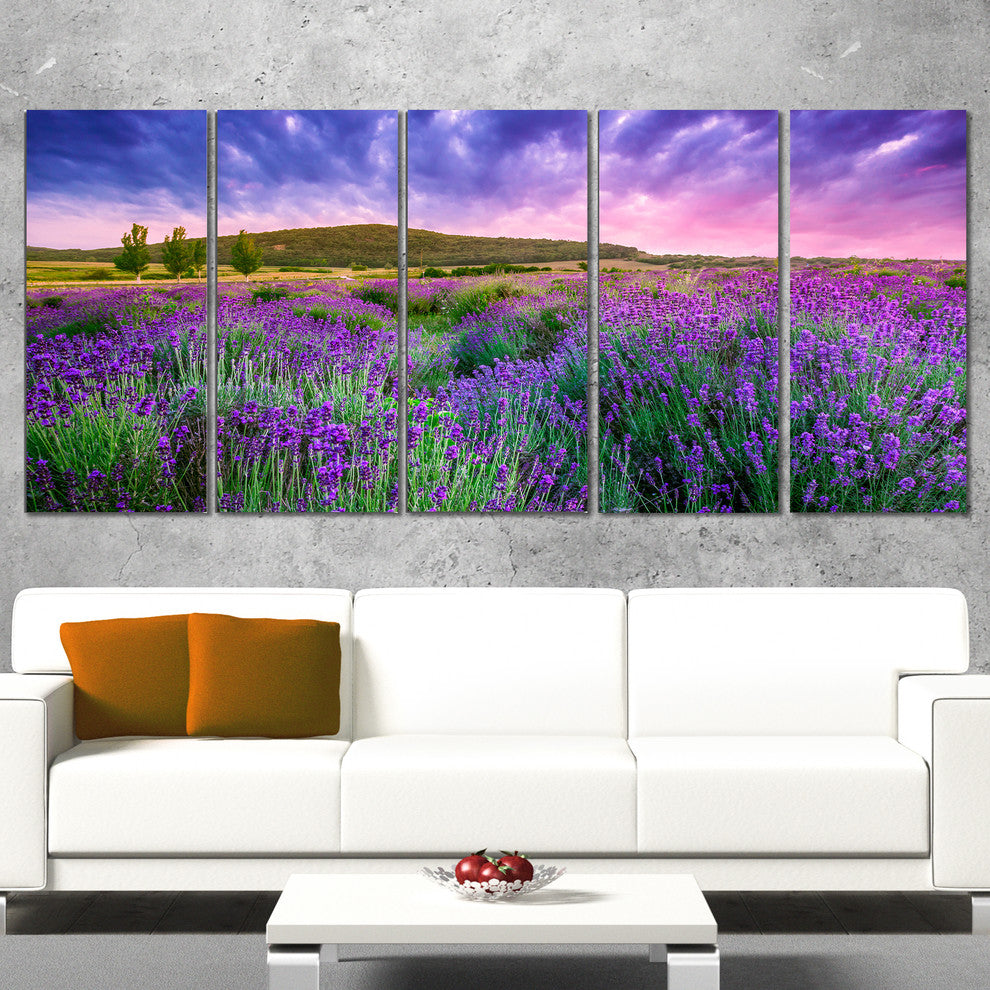 "Summer Lavender Field in Tihany" Modern Landscape Wall Art, 5 Panels, 60"x28"