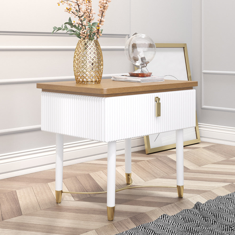 Modern White Nightstand Wood Nightstand Bedside Table with Drawer in Gold
