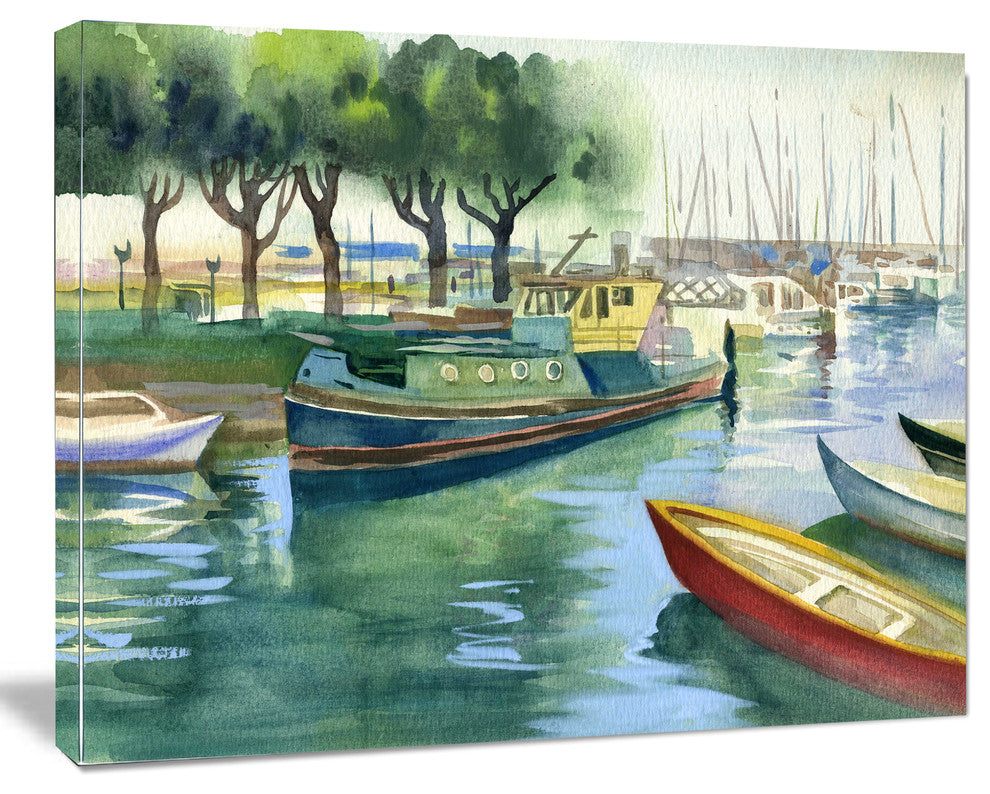 Boats in River Watercolor, Landscape Canvas Art Print, 40"x30"