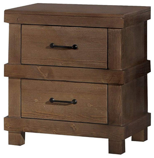 Benzara BM185505 Two Drawer Nightstand With Metal Handle, Antique Oak