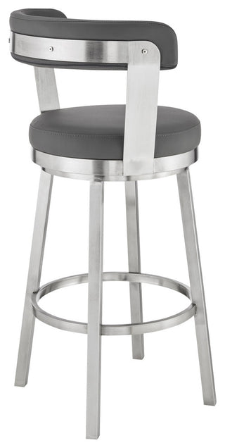 26" Chic Grey Faux Leather with Stainless Steel Finish Swivel Bar Stool