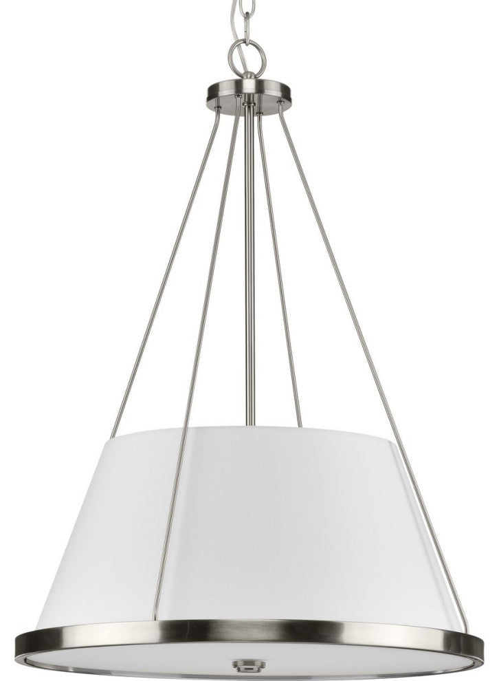 Saffert Collection Three-Light Brushed Nickel White Linen Shade Pendant Light