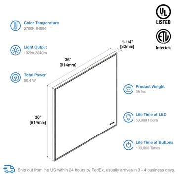 Fogless, Dimmable, Color Temperature Adjustable LED Mirror, Brush Gold, 36x36