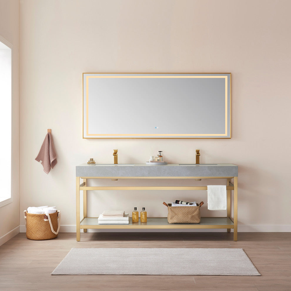 Horizontal Rectangular LED Wall Mount Bathroom Mirror, Gold, 72"